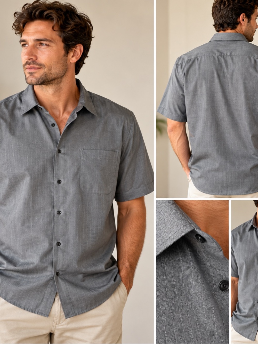 Claiborne Menโs Large Gray Short Sleeve Button Up Shirt Rayon Blend Tonal Stripe